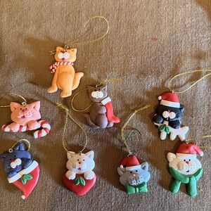 Set of 8 cat claydough Christmas ornaments whiskers & Holiday accents Cute